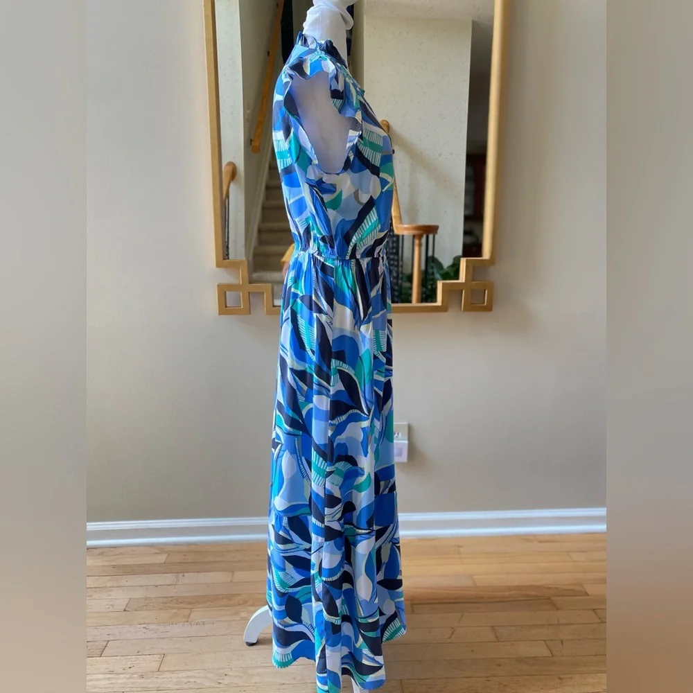 LOFT Blue Green Abstract Print Ruffle Sleeve Maxi Dress Large Petite - Picture 2 of 15